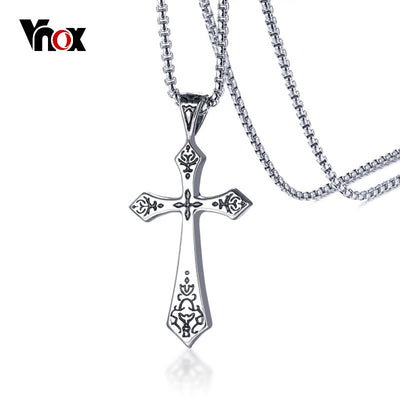 Vnox Classic Big Cross Pendant Necklace for Men 24" Box Chain High Quality Stainless Steel Male Jewelry Christ Prayer Jewellry