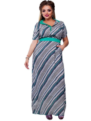 Plus Size Striped Lapel Women's Maxi Dress
