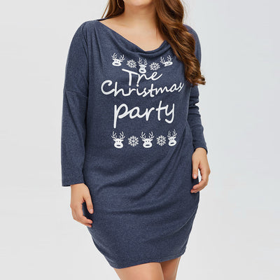 Women Print Letters Plus Size Dress Christmas Party  Mini Dress