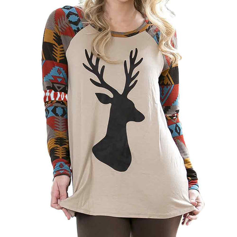 Women Christmas Elk Long Sleeve Geometric Printed Splicing T-Shirt