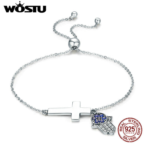 WOSTU Genuine 925 Sterling Silver Hamsa Hand Eye Cross Chain Bracelet For Women Fine Jewelry Lucky Gift CQB028