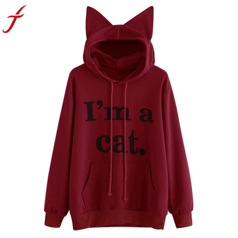 Hooded Sweatshirt For Womens Lady Funny Cat Ears Long Sleeve Hoodie Pullover I'M A CAT Letter Printed Pocket Tops Blouse