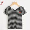 Crisscross T-shirt Summer Short Sleeve Women Stripe Rose Print Top Sexy Bandage Black shirts tops ladies tshirts tee
