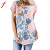 2017 Summer tshirts Cotton Women Short Sleeve Floral Printed Casual striped Tops Tee Shirt vetement femme