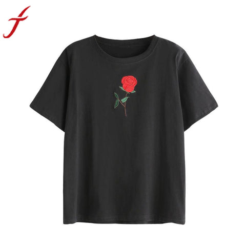 kawaii T-Shirt Black 2017 Summer Rose Flower Embroidery Short Sleeve tshirt women vetement femme