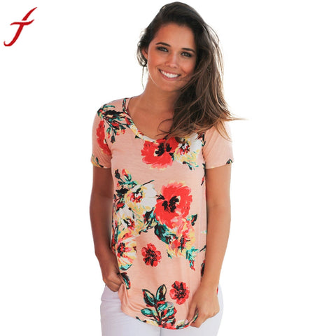 Floral Printing T Shirt 2017 Summer Women Casual Cotton Blends Short Sleeve tshirts Women Patchwork Plus Size