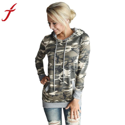 Womens Blouse Camouflage Printing Pocket Hoodie Long Sleeve Hooded Pullover Tops Femme Blouses #LSIW