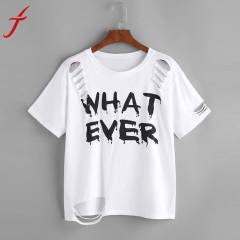 WHAT EVER Letters Printed T-shirt Fashion Women Short Sleeve White Tops 2017 Summer Casual Shirt Holes femme Blusa Harajuku