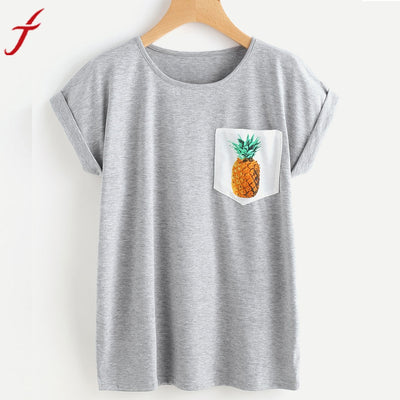 2017 New Arrival Pineapple Print tshirts Cotton Women Pocket Blusa Short Sleeve O-Neck Tops Simple Tops Camisetas Femininas