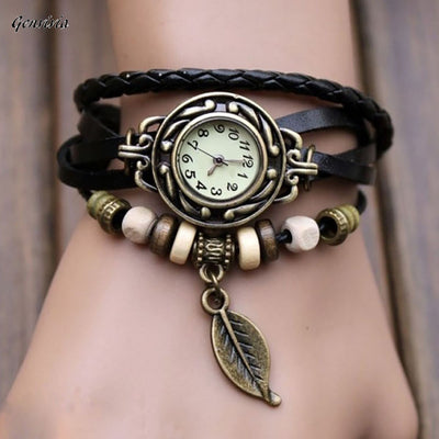 2017 Fashion women wristwatches With Weave Wrap quartz watch PU Leather Leaf Beads Wrist watches women bayan saatleri