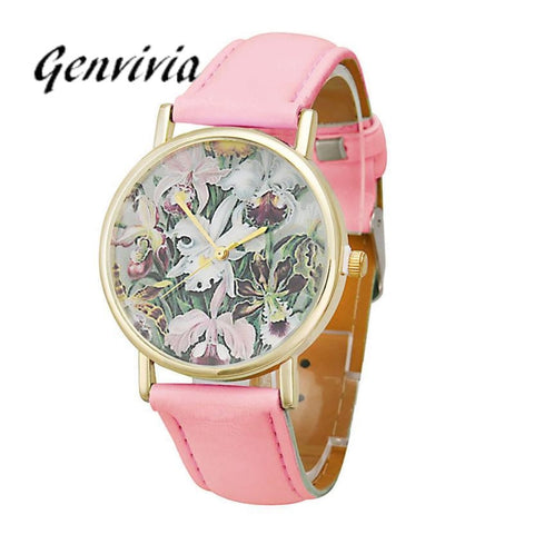 Genvivia 2017 New Arrival ladies sports watches Flowers Women Men Leather Band Analog Quartz Dial Wrist Watch