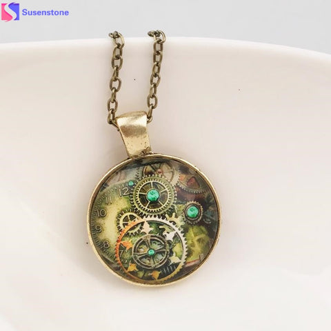 women necklace Life Tree Pendant Necklace Art Tree Glass Cabochon Bronze Retro mechanical gear time foreign jewelry necklace