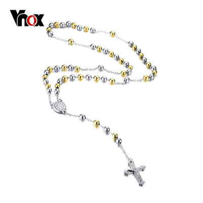 Vnox Rosary Jesus Christ Cross Pendant Necklace Gold/Silver Color Stainless Steel Bead Chain Mens Womens Christian Jewelry