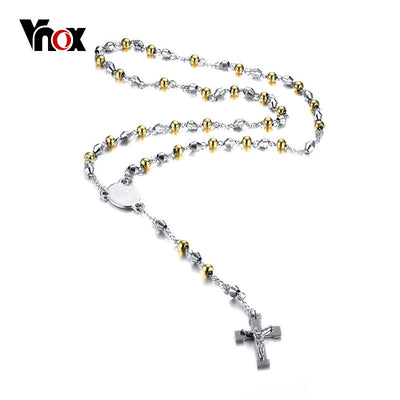 Vnox Long Rosary Necklace for Men Women Sweater Chain Silver Gold Color Beads with Cross Pendant Unisex Jewelry Stainless Steel
