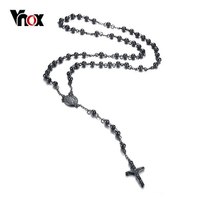 Vnox 26" Long Sweater Chain Cross Pendant Rosary Necklace Black Stainless Steel Jewelry for Women Men Unisex