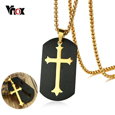 Vnox Cross Pendant for Men Necklace Black Dog Tag Shape Stainless Steel Gold Color 24" Box Chain Christ Prayer Male Jewelry