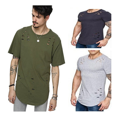 Street Wear T-shirt Holes Hip Hop Short Sleeve T-shirts Men O-neck Loose Tops