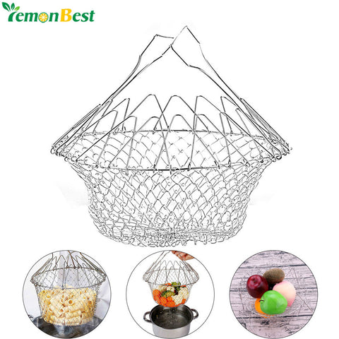Stainless Steel Expandable Foldable Fry Chef Basket Kitchen Magic Mesh Strainer Fruit Basket Cooking Steam Rinse Strain Basket