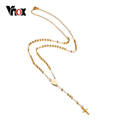 Vnox Adjustable Length Rosary Necklace Beaded Chain Cross Charm Gold Color Stainless Steel Casual Female Jewelry