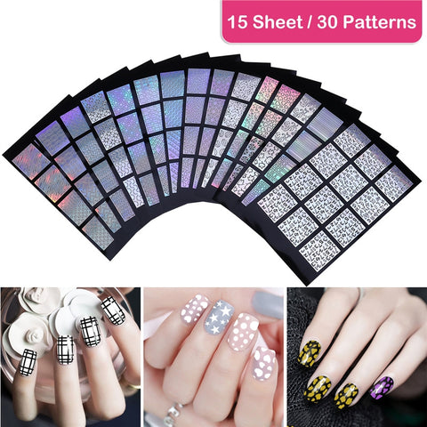 15 Pcs ETEREAUTY DIY Nail Art Hollow Stencil Sticker 30 Different Designs Easy Nail Stencil Sheet Decals Stickers