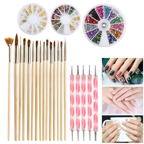 ETEREAUTY Nail Art Kit 15pcs Gold Wooden Nail Art Brush 12 Colors Nail Rhinestones 5pcs Pink Dotting Pens 12 Colorful Nail Art Rhinestones and Gold Nail Art Studs