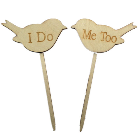 2pcs I DO ME TOO Love Birds Wedding Engagement Wooden Cake Topper Photo Props