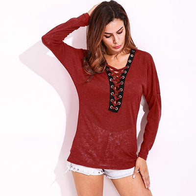 Women T-Shirt Sexy Long Sleeve Tshirt Lace Up Deep V Tee Autumn Spring Casual T shirts Slim Fit Blusas Fashion Pullover Top 2018