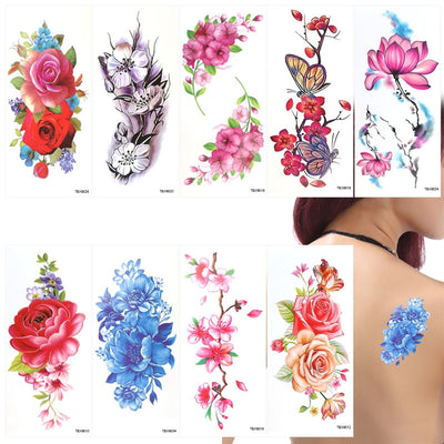 9 Sheets Temporary Tattoo Rose Peony Flower Butterfly Lotus Cherry Blossoms Flash Tattoo for Women