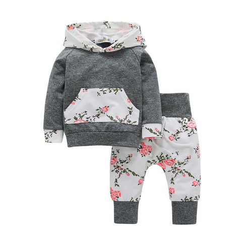 2pcs Toddler Infant Baby Boy Girl Clothes Set Floral Hoodie Tops+Pants Outfits
