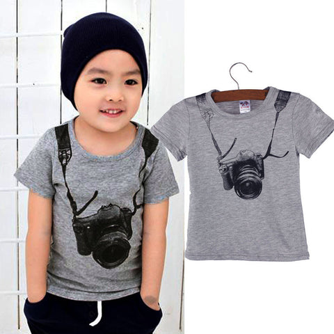 Summer Children Boy Kids Camera Short Sleeve Tops O Neck T Shirt Tees Clothes