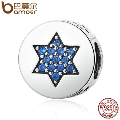 BAMOER Genuine 100% 925 Sterling Silver Blue Faith Round Charms fit Bracelets Women Beads & Jewelry Makings SCC105