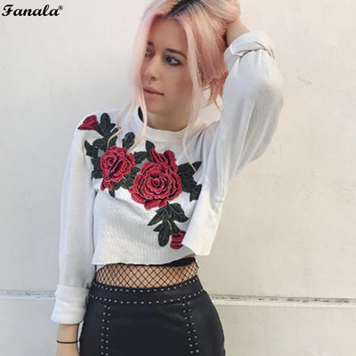 T Shirt Women 2018 Autumn Women T-shirt Fashion Female T-shirts O-Neck Long Sleeve Embroidery Applique Slim Women Tops Tshirt