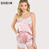 SHEIN Women Sleeping Wear Summer Sexy Pajama Sets Lace Trim Satin Spaghetti Strap Cami Top and Shorts Pajama Set