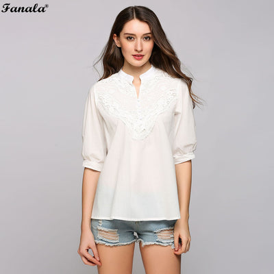 FANALA White Shirts 2018 Women Summer Tshirt Lace Hollow Out Patchwork Stand Collar Half Sleeve Pullover Tops Blusas Femme#30