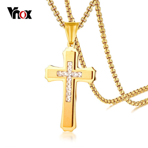 Vnox Punk Big Cross Pendant Mens Necklace CZ Stones High Polished Stainless Steel Male Rocky Jewelry 24" Box Chain