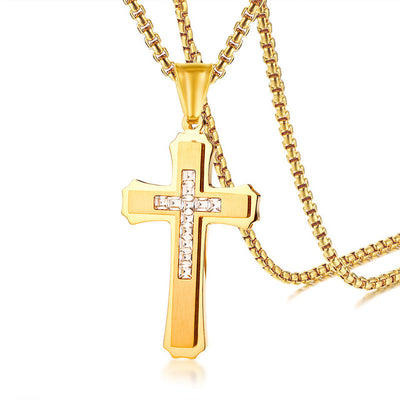 Vnox Punk Big Cross Pendant Mens Necklace CZ Stones High Polished Stainless Steel Male Rocky Jewelry 24" Box Chain