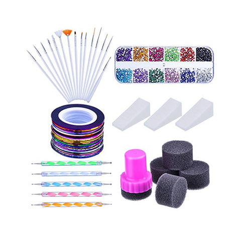 Nail Arts Kit with Nail Art Brushes 12 Colors Nail Rhinestones 2 Way Dotting Pen Assorted Colors Nail Striping Tape and Gradient Nails Sponge