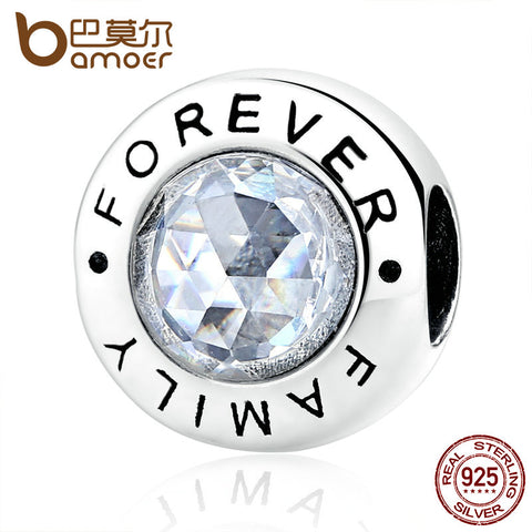 BAMOER Classic 925 Sterling Silver Family Forever, Clear CZ Bead Fit  Charm Bracelets Fashion Jewelry PAS378