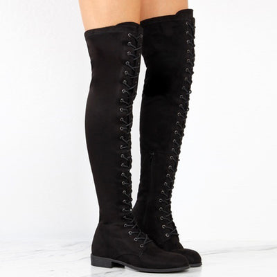 Women Cross-tied Platform Shoes High Boots Over The Knee Boots Flat Heel Boots