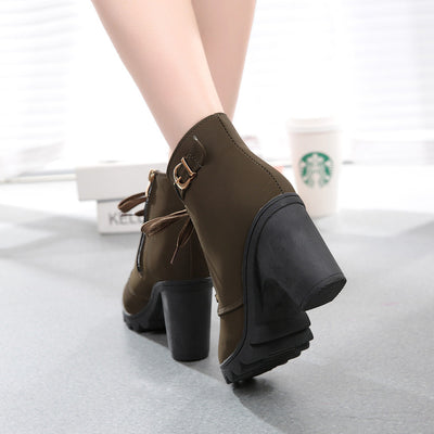 Womens Fashion High Heel Lace Up Ankle Boots Ladies Buckle Platform Shoes