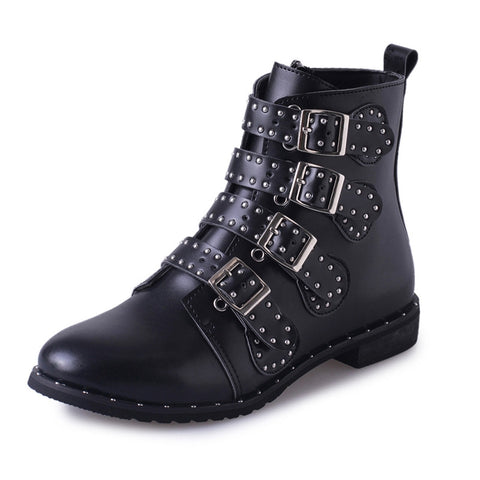 Women Leather Rivet Boots Buckle Fashion Martin Leather Ankle Booties Shoes