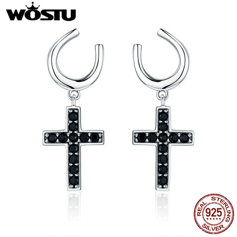 WOSTU Genuine 925 Sterling Silver Lucky Horseshoe & Faith Cross, Black CZ Stud Earrings for Women Silver Jewelry Gift CQE226