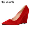 HEE GRAND 2018 Spring New Women Pumps Pointed Toe Flock Leather Wedge 10cm Heel Party Women's Heels 6 Colors Shoes WXG513