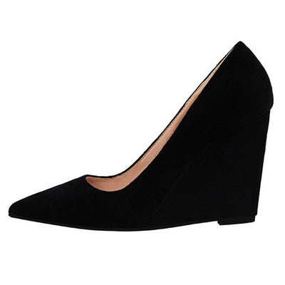 HEE GRAND 2018 Spring New Women Pumps Pointed Toe Flock Leather Wedge 10cm Heel Party Women's Heels 6 Colors Shoes WXG513