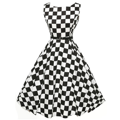 Women Vintage Plaid Bodycon Sleeveless Casual Evening Party Prom Swing Dress