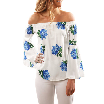 Women Long Sleeve Off Shoulder Floral Printed Blouse Casual Tops