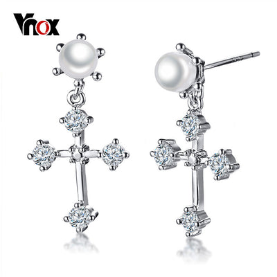 Vnox Luxury Bling CZ Stones Cross Drop Dangle Earrings for Women 925 Silver Stud Pin Female Jewelry Religion Christ Lord Earings