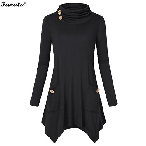 FANALA Women Loose T-shirt 2018 Spring Solid High Neck long sleeve Button Top Tees asymmetric hem tshirt Fashion Ladies Blusas