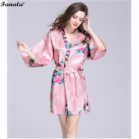 Elegant Satin Kimono Robe Autumn Casual Loose Sleepwear Women 1/2 Sleeve Print Floral Wrap Sleepwear Robe with Belt