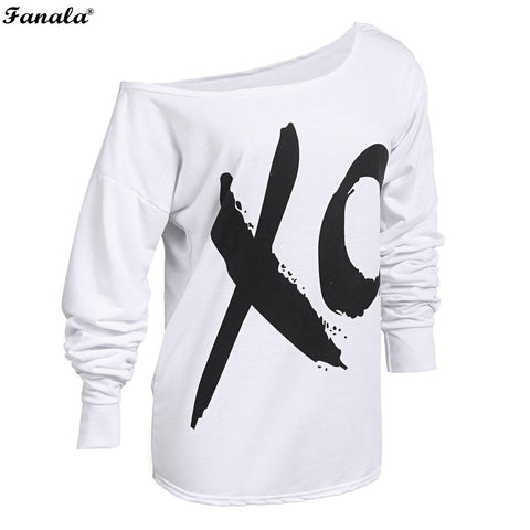 Plus Size 2018 Fashion XO Letter Print T-shirt Women One Shoulder Long Sleeve O-neck Loose Top Tees Shirt Casual White T Shirts